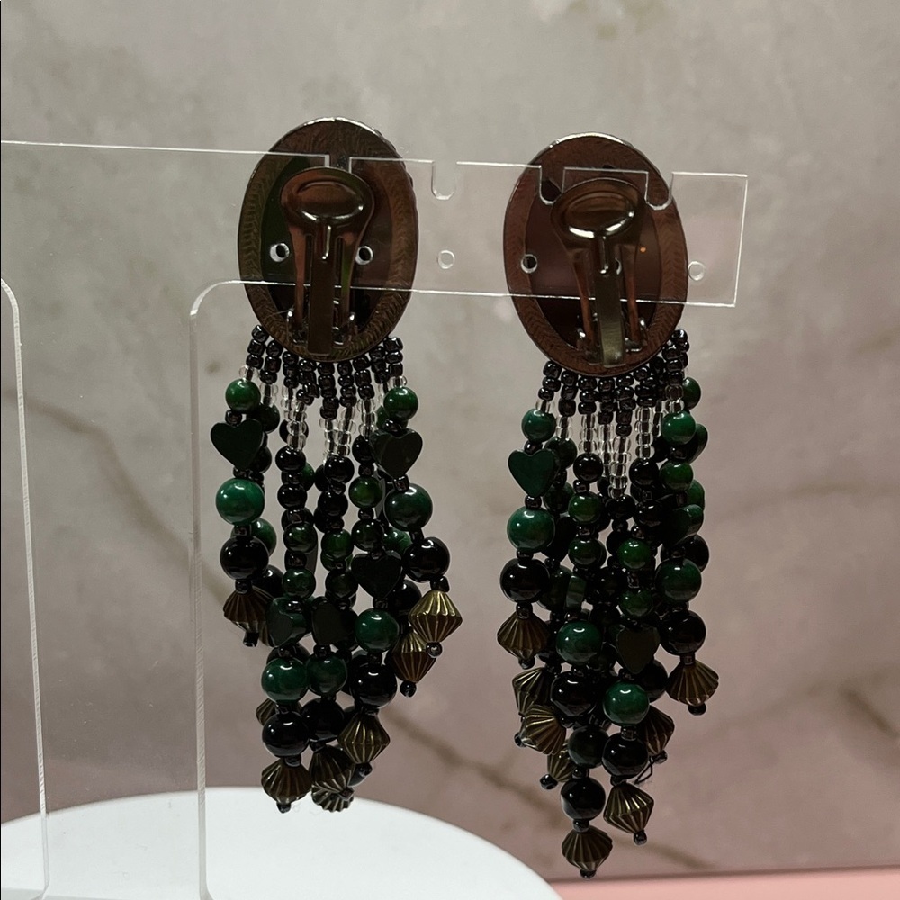 VTG Turquoise Onyx Heart Earrings Glass Beaded Dangle - Picture 4 of 8